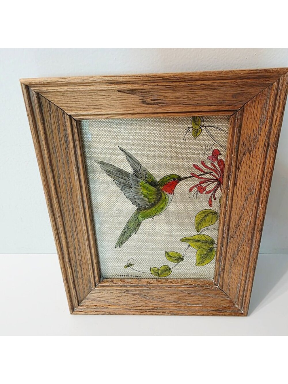 Vtg Artist Signed Reverse Glass Painting Ruby Throated Humming Bird Framed Decor
